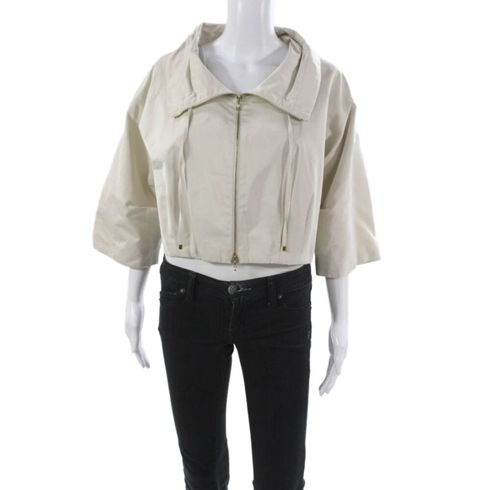 Lida Baday Women Basic Jacket Beige Zip 3/4 Sleeve Polyester Cotton Size 10